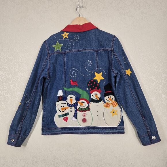 VTG Bleu Bayou Blue Denim Jacket sz M Snowman Winter Holiday Christmas Cotton - Picture 10 of 16